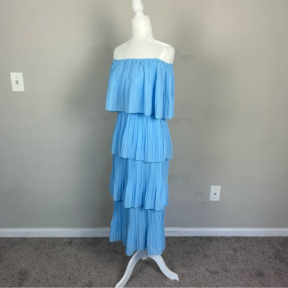 OFF THE SHOULDER TIERED PLEATED MIDI CHIFFON DRESS IN LIGHT BLUE SIZE MEDIUM - Picture 12 of 16